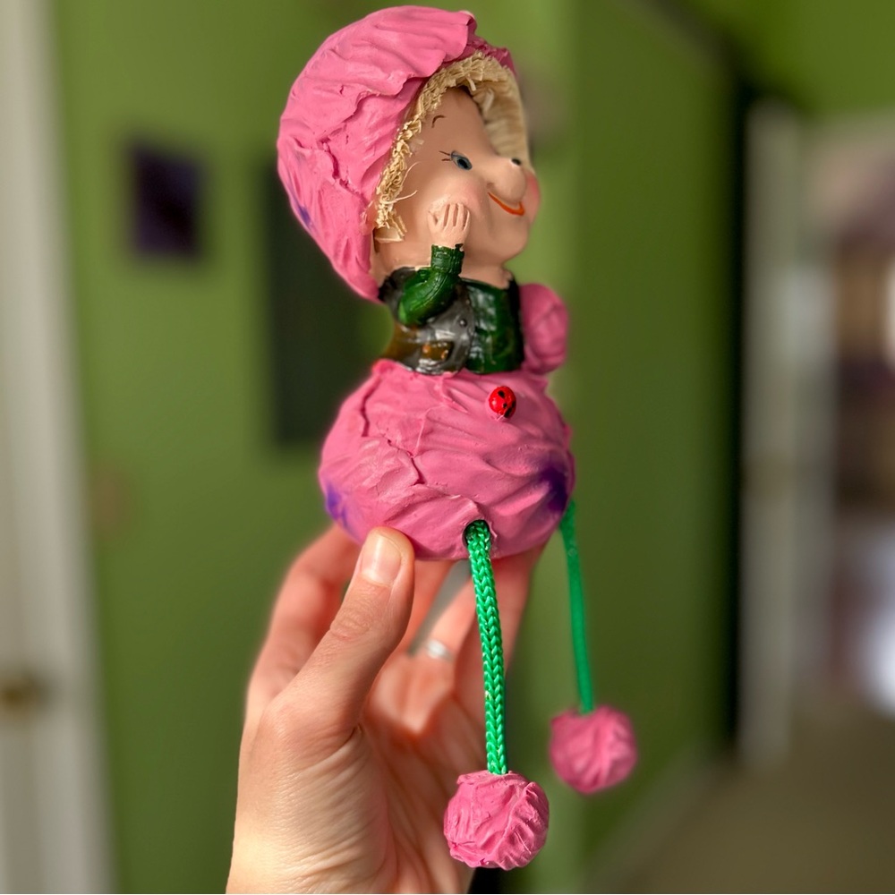 Vintage Pink Sitting Cabbage Girl Farmhouse Cottagecore Ladybug Decor Art - Picture 5 of 10